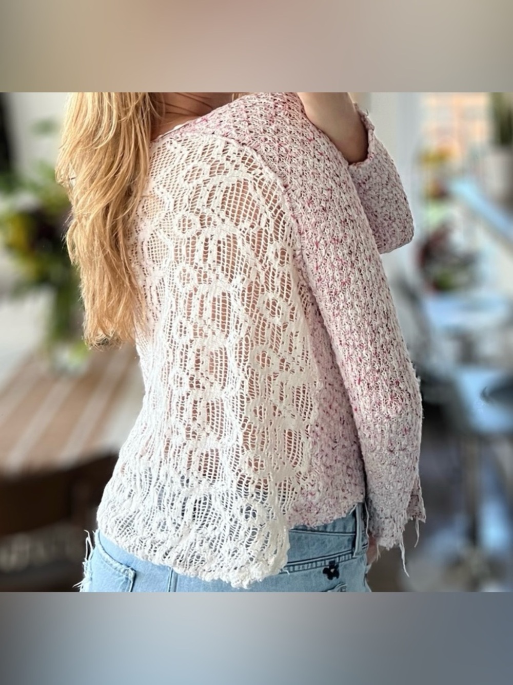 Free People Pink and White Long Sleeve Lace Back Top
